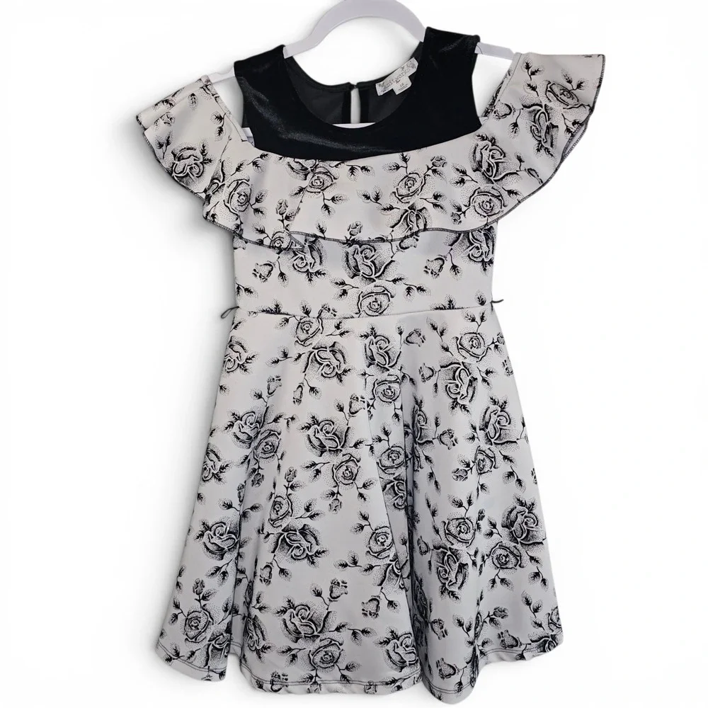 Knitworks Floral Dress Girls 12 White Black Good Cold Shoulder Velvet Ruffle